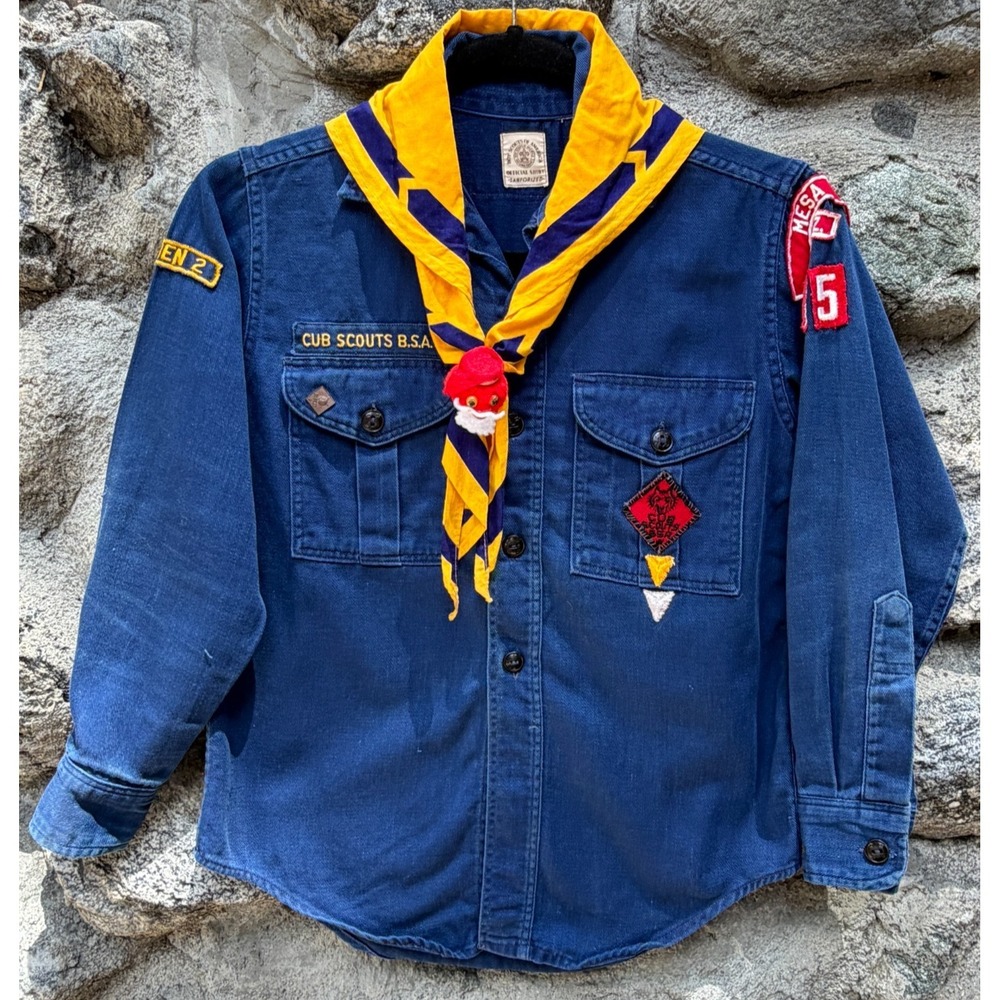 Vintage Boy Scouts Shirt Youth Medium Blue Official Sanforized Long Sleeve Patch